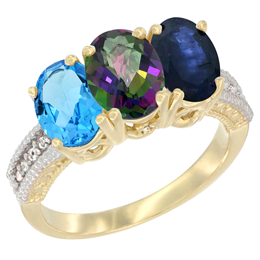 14K Yellow Gold Natural Swiss Blue Topaz, Mystic Topaz &amp; Blue Sapphire Ring 3-Stone 7x5 mm Oval Diamond Accent, sizes 5 - 10