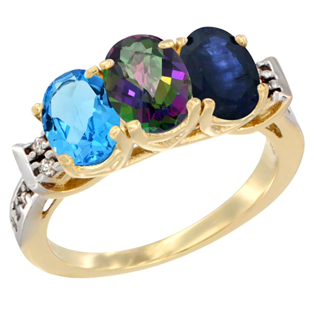 10K Yellow Gold Natural Swiss Blue Topaz, Mystic Topaz &amp; Blue Sapphire Ring 3-Stone Oval 7x5 mm Diamond Accent, sizes 5 - 10