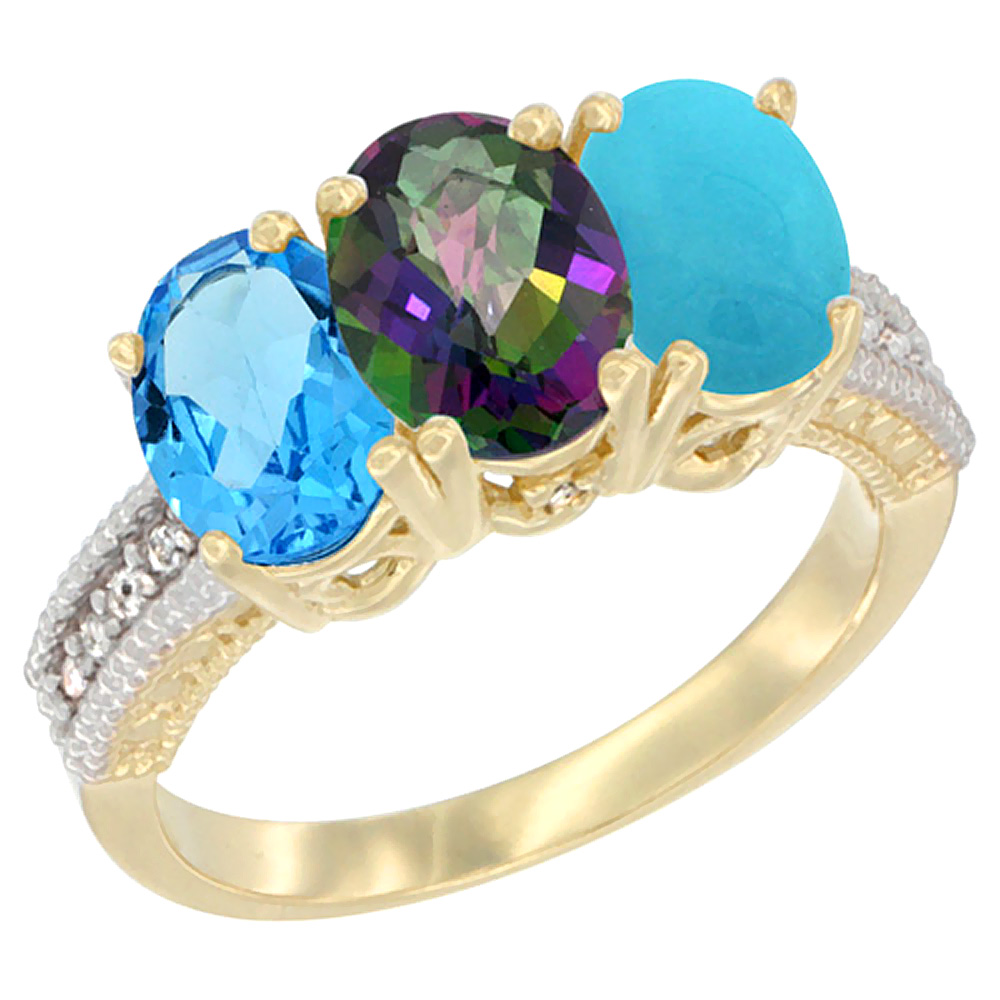 14K Yellow Gold Natural Swiss Blue Topaz, Mystic Topaz & Turquoise Ring 3-Stone 7x5 mm Oval Diamond Accent, sizes 5 - 10