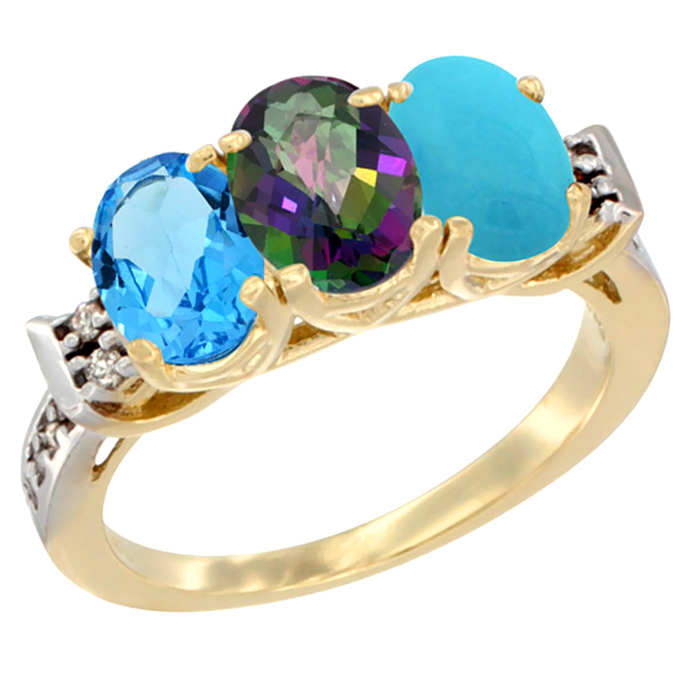 14K Yellow Gold Natural Swiss Blue Topaz, Mystic Topaz & Turquoise Ring 3-Stone 7x5 mm Oval Diamond Accent, sizes 5 - 10