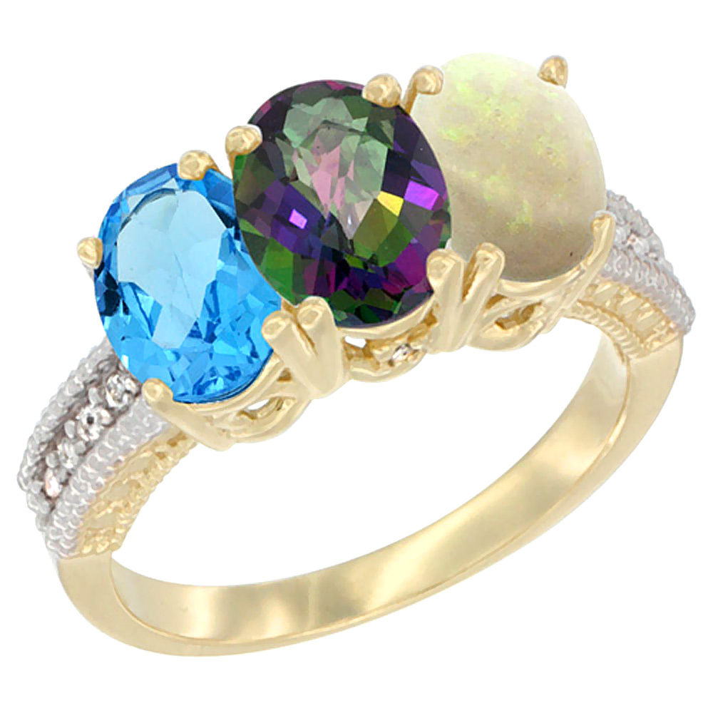 14K Yellow Gold Natural Swiss Blue Topaz, Mystic Topaz &amp; Opal Ring 3-Stone 7x5 mm Oval Diamond Accent, sizes 5 - 10