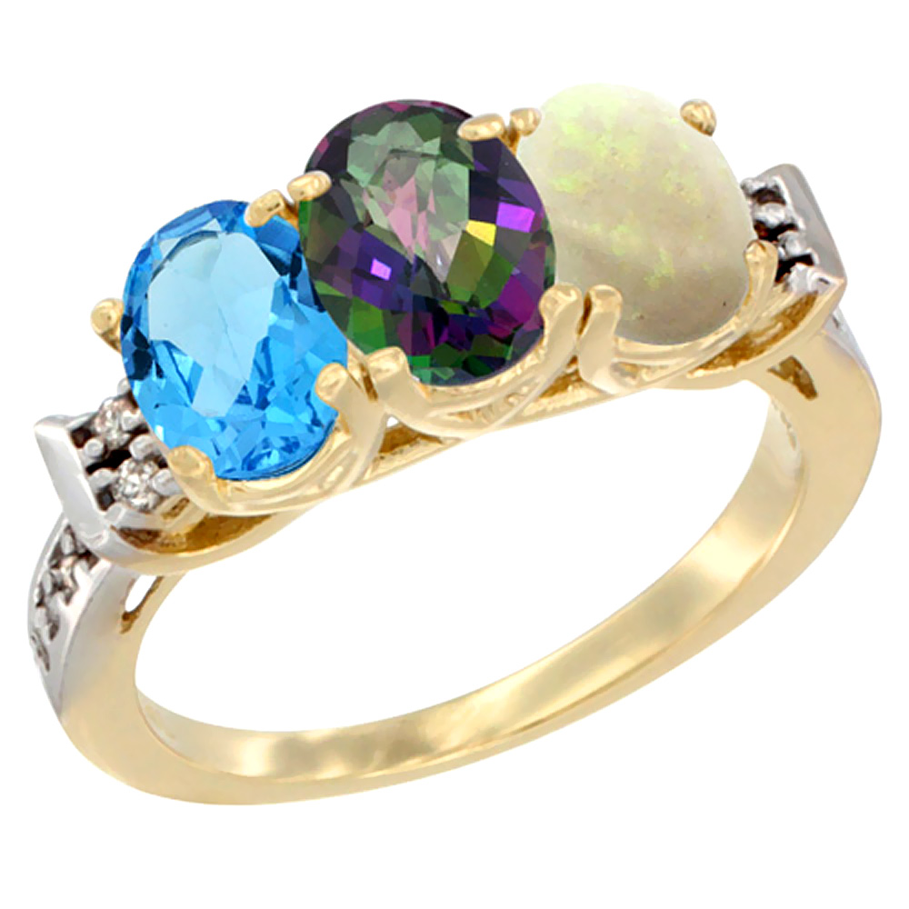 10K Yellow Gold Natural Swiss Blue Topaz, Mystic Topaz &amp; Opal Ring 3-Stone Oval 7x5 mm Diamond Accent, sizes 5 - 10