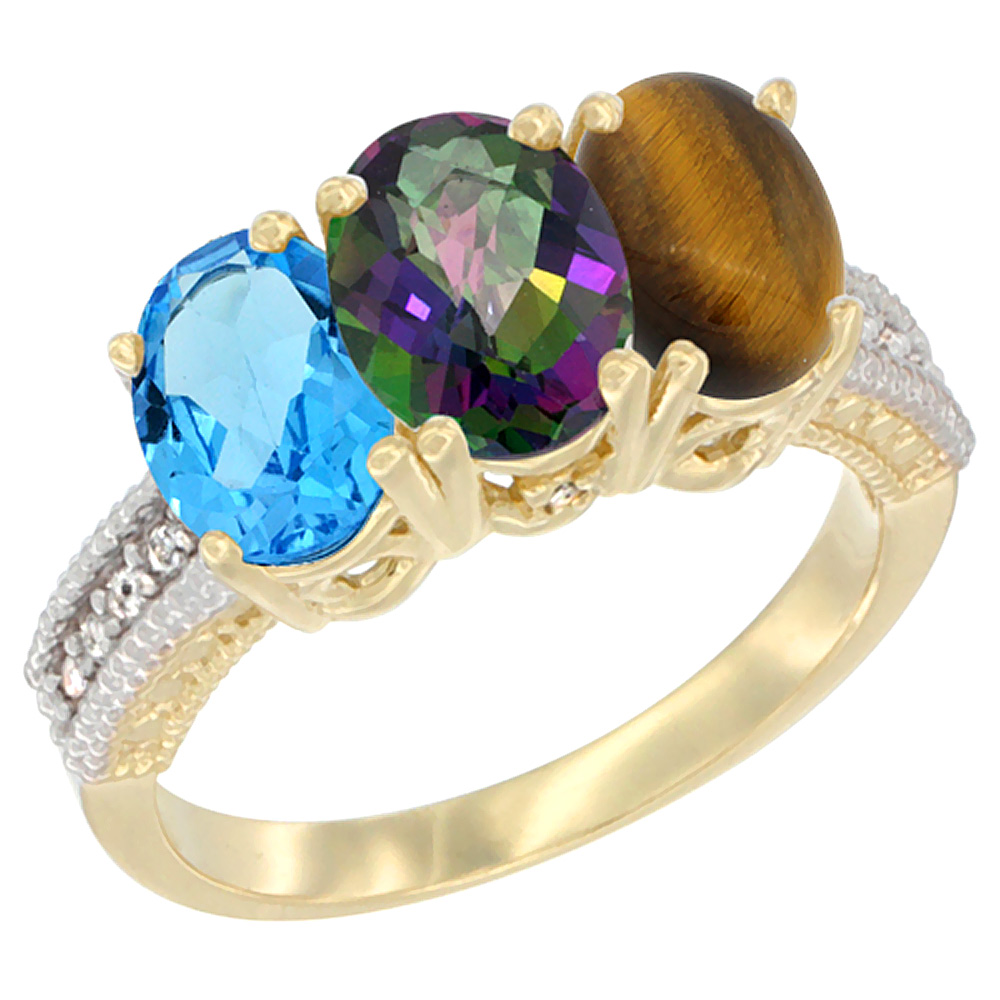 14K Yellow Gold Natural Swiss Blue Topaz, Mystic Topaz &amp; Tiger Eye Ring 3-Stone 7x5 mm Oval Diamond Accent, sizes 5 - 10