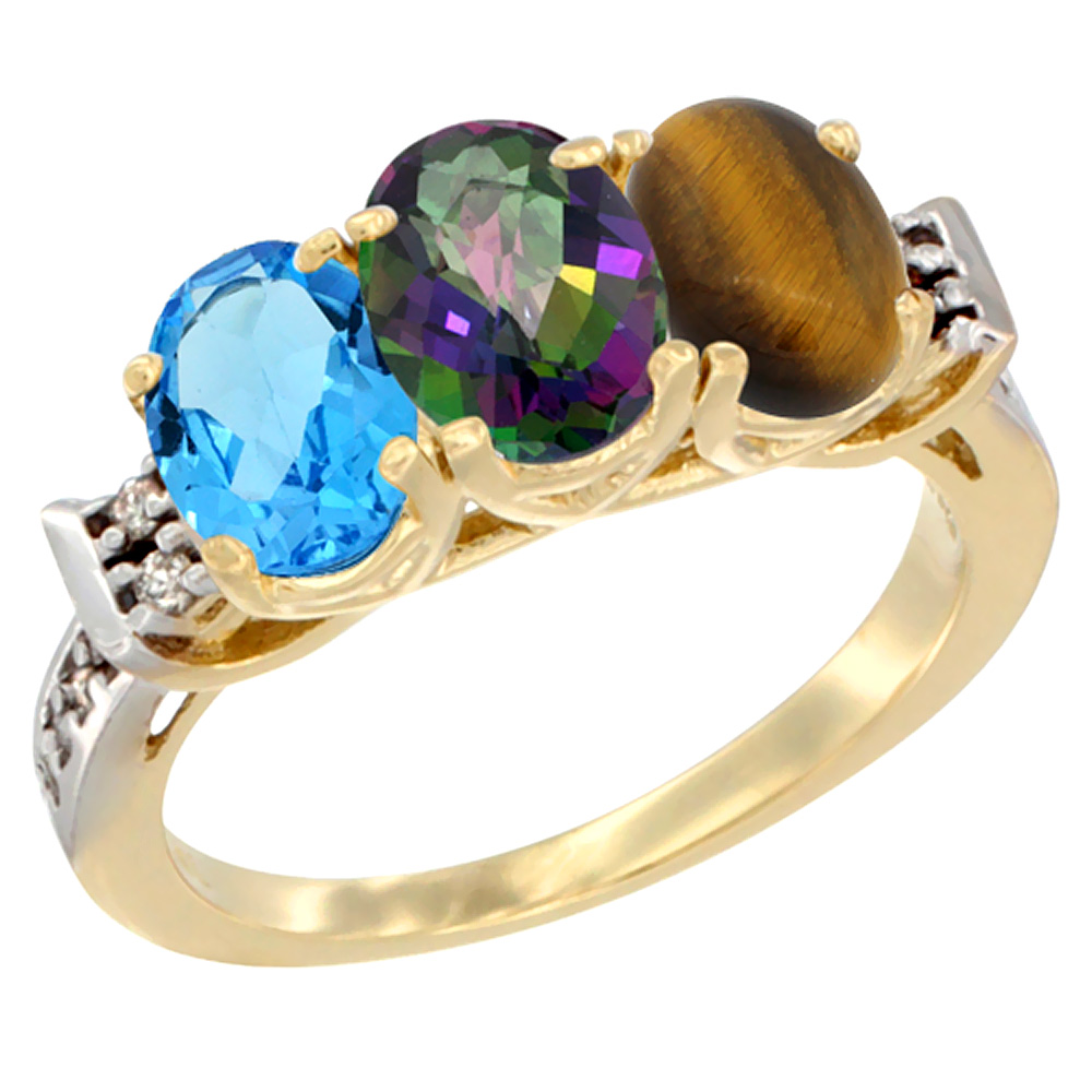 10K Yellow Gold Natural Swiss Blue Topaz, Mystic Topaz &amp; Tiger Eye Ring 3-Stone Oval 7x5 mm Diamond Accent, sizes 5 - 10