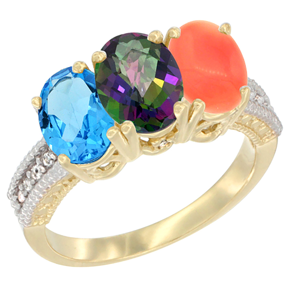 10K Yellow Gold Diamond Natural Swiss Blue Topaz, Mystic Topaz &amp; Coral Ring 3-Stone Oval 7x5 mm, sizes 5 - 10
