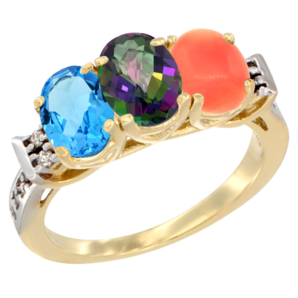 10K Yellow Gold Natural Swiss Blue Topaz, Mystic Topaz & Coral Ring 3-Stone Oval 7x5 mm Diamond Accent, sizes 5 - 10