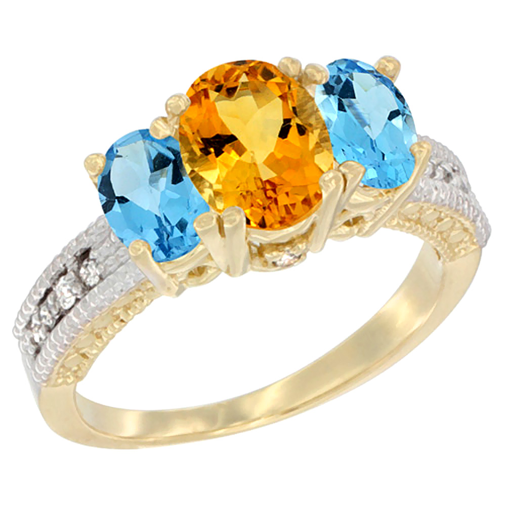 10K Yellow Gold Diamond Natural Citrine Ring Oval 3-stone with Swiss Blue Topaz, sizes 5 - 10