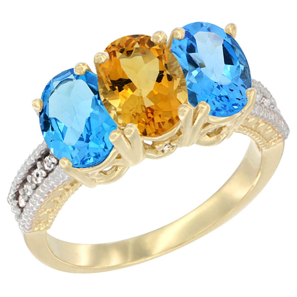 10K Yellow Gold Diamond Natural Citrine & Swiss Blue Topaz Sides Ring 3-Stone Oval 7x5 mm, sizes 5 - 10