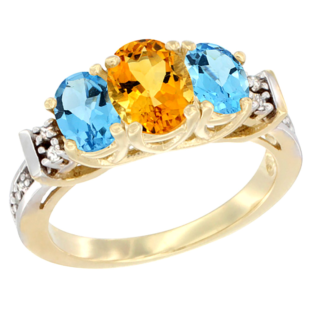 14K Yellow Gold Natural Citrine & Swiss Blue Topaz Ring 3-Stone Oval Diamond Accent