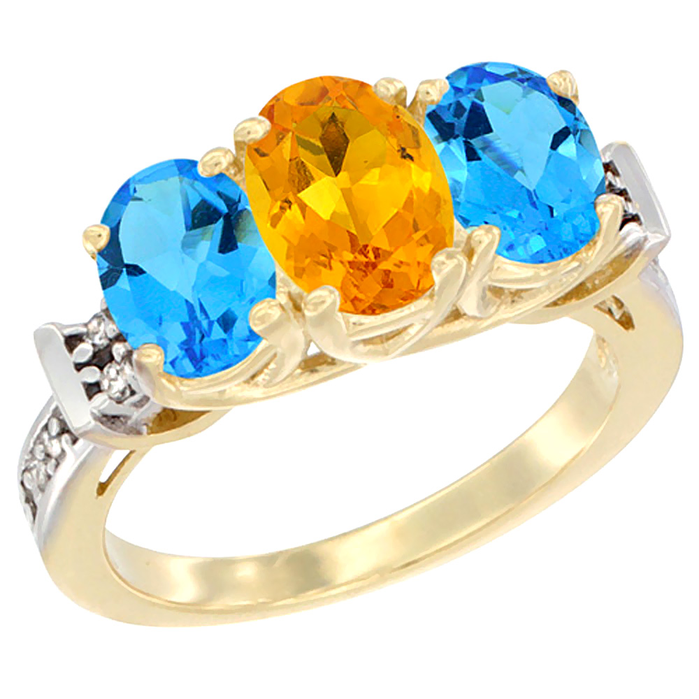 10K Yellow Gold Natural Citrine & Swiss Blue Topaz Sides Ring 3-Stone Oval Diamond Accent, sizes 5 - 10