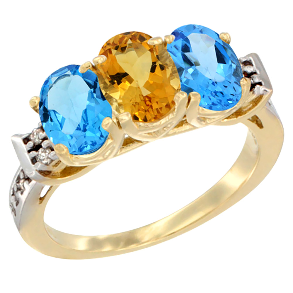10K Yellow Gold Natural Citrine & Swiss Blue Topaz Sides Ring 3-Stone Oval 7x5 mm Diamond Accent, sizes 5 - 10