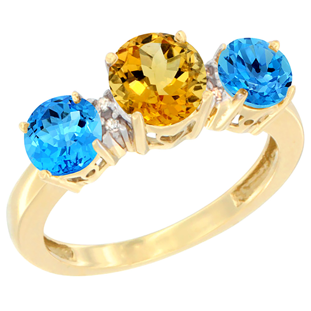 14K Yellow Gold Round 3-Stone Natural Citrine Ring &amp; Swiss Blue Topaz Sides Diamond Accent, sizes 5 - 10