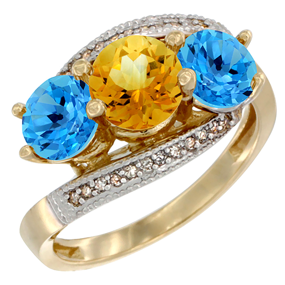 14K Yellow Gold Natural Citrine & Swiss Blue Topaz Sides 3 stone Ring Round 6mm Diamond Accent, sizes 5 - 10