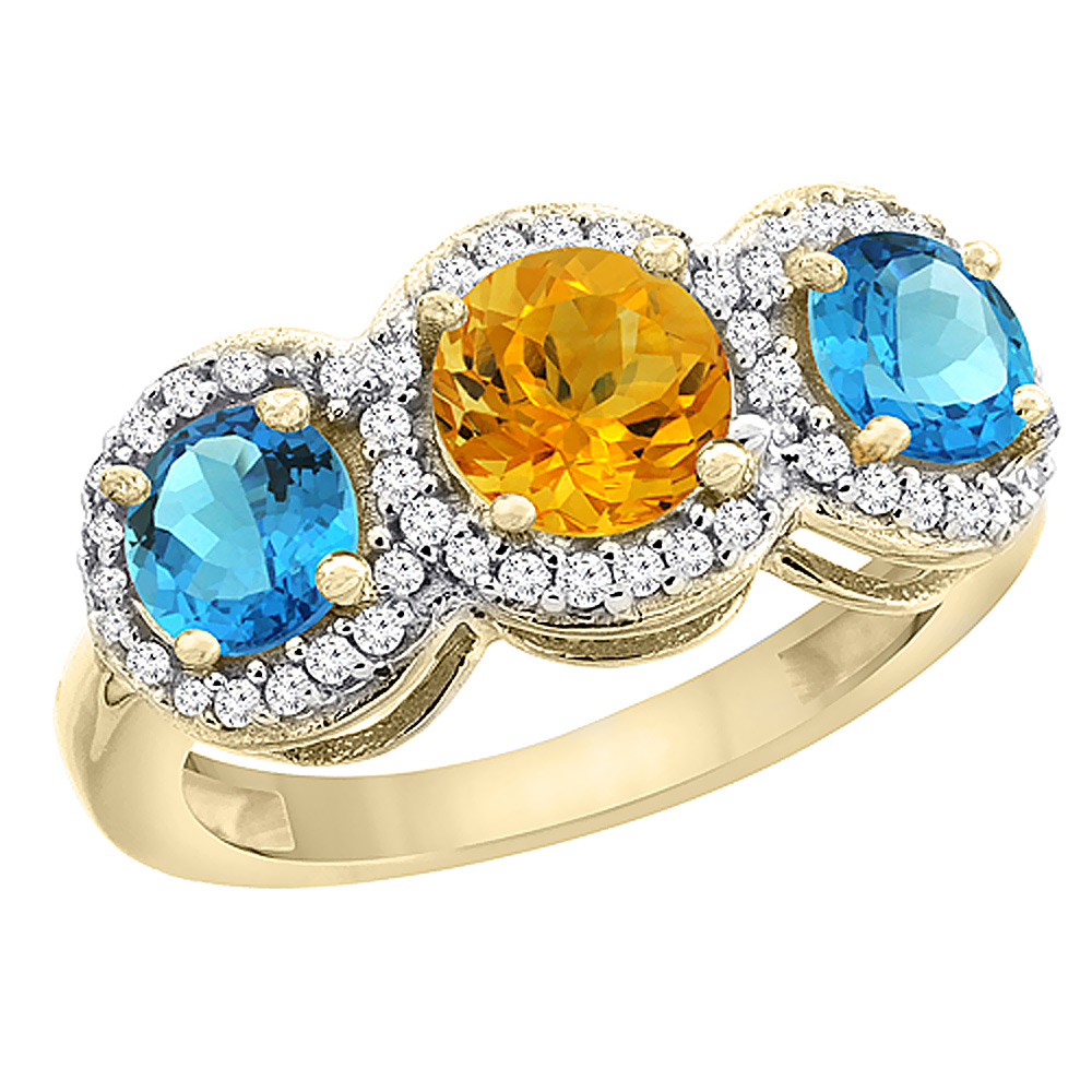 14K Yellow Gold Natural Citrine &amp; Swiss Blue Topaz Sides Round 3-stone Ring Diamond Accents, sizes 5 - 10