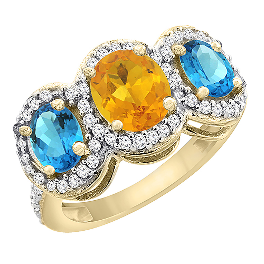 14K Yellow Gold Natural Citrine &amp; Swiss Blue Topaz 3-Stone Ring Oval Diamond Accent, sizes 5 - 10