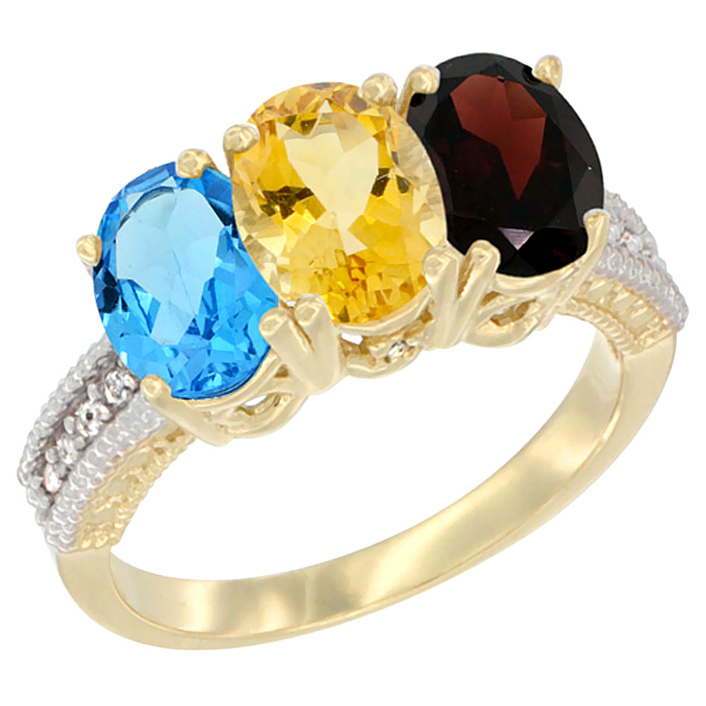 14K Yellow Gold Natural Swiss Blue Topaz, Citrine &amp; Garnet Ring 3-Stone 7x5 mm Oval Diamond Accent, sizes 5 - 10