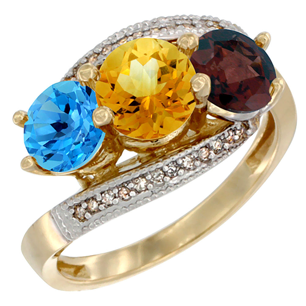14K Yellow Gold Natural Swiss Blue Topaz, Citrine &amp; Garnet 3 stone Ring Round 6mm Diamond Accent, sizes 5 - 10