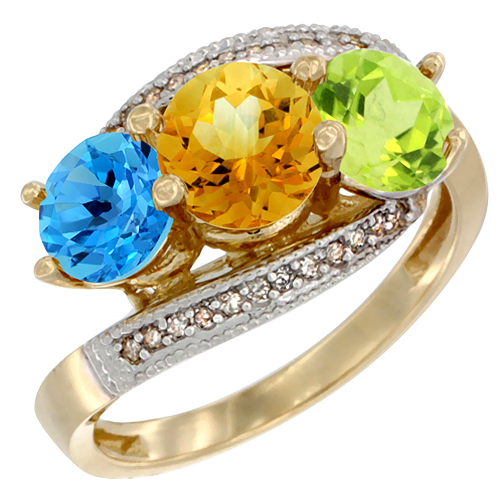 10K Yellow Gold Natural Swiss Blue Topaz, Citrine &amp; Peridot 3 stone Ring Round 6mm Diamond Accent, sizes 5 - 10