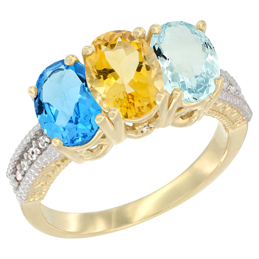 14K Yellow Gold Natural Swiss Blue Topaz, Citrine &amp; Aquamarine Ring 3-Stone 7x5 mm Oval Diamond Accent, sizes 5 - 10