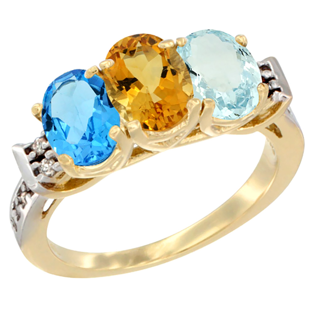 10K Yellow Gold Natural Swiss Blue Topaz, Citrine &amp; Aquamarine Ring 3-Stone Oval 7x5 mm Diamond Accent, sizes 5 - 10