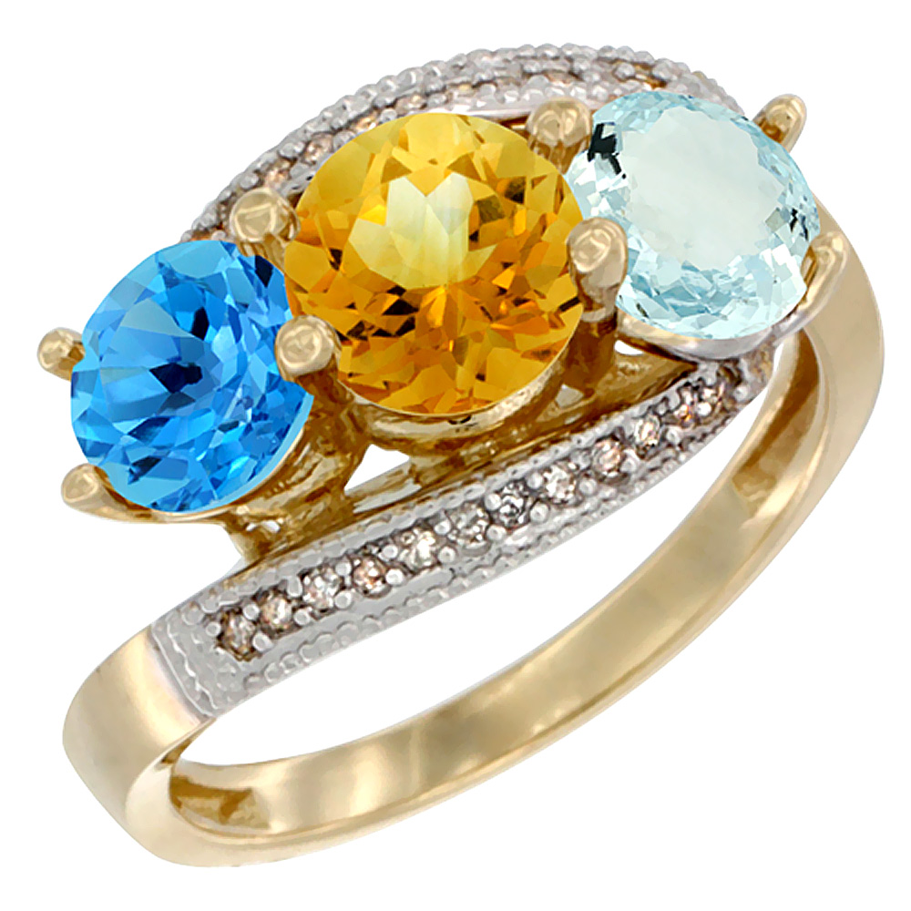 10K Yellow Gold Natural Swiss Blue Topaz, Citrine &amp; Aquamarine 3 stone Ring Round 6mm Diamond Accent, sizes 5 - 10