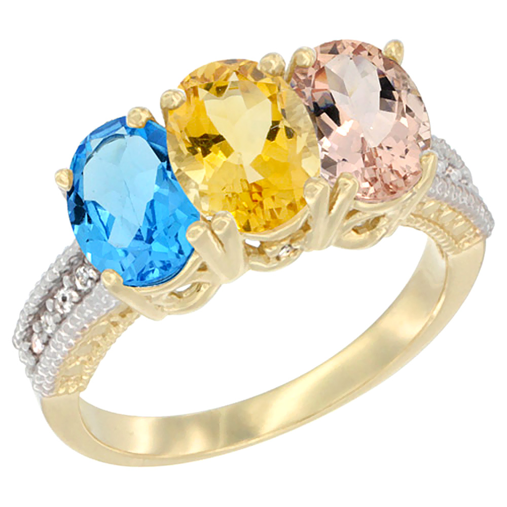 14K Yellow Gold Natural Swiss Blue Topaz, Citrine &amp; Morganite Ring 3-Stone 7x5 mm Oval Diamond Accent, sizes 5 - 10