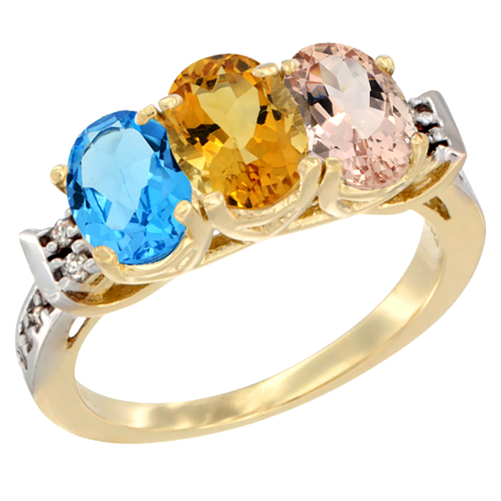 10K Yellow Gold Natural Swiss Blue Topaz, Citrine &amp; Morganite Ring 3-Stone Oval 7x5 mm Diamond Accent, sizes 5 - 10
