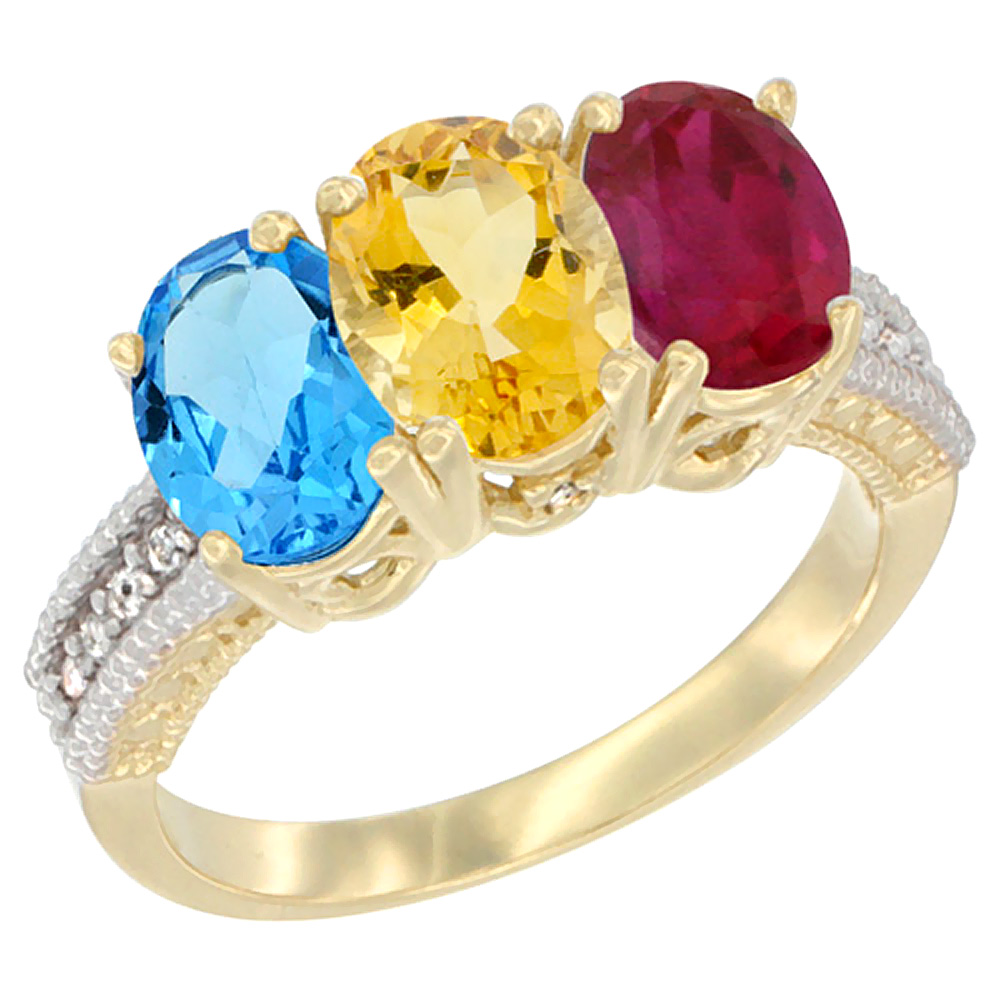 10K Yellow Gold Diamond Natural Swiss Blue Topaz, Citrine & Enhanced Ruby Ring 3-Stone Oval 7x5 mm, sizes 5 - 10