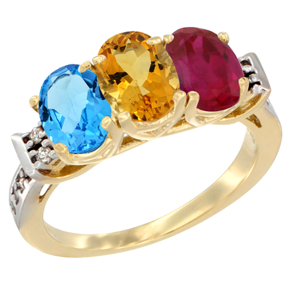 10K Yellow Gold Natural Swiss Blue Topaz, Citrine &amp; Enhanced Ruby Ring 3-Stone Oval 7x5 mm Diamond Accent, sizes 5 - 10