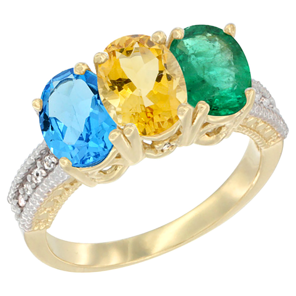 10K Yellow Gold Diamond Natural Swiss Blue Topaz, Citrine &amp; Emerald Ring 3-Stone Oval 7x5 mm, sizes 5 - 10