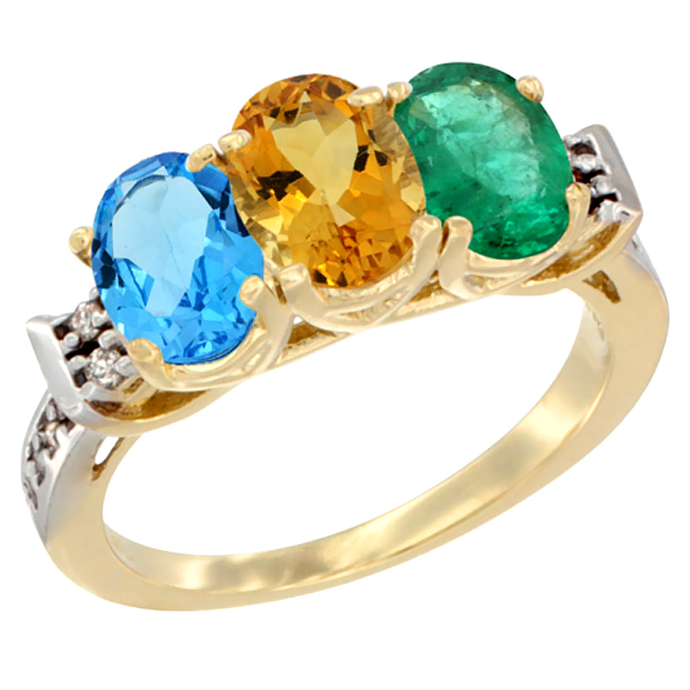 10K Yellow Gold Natural Swiss Blue Topaz, Citrine & Emerald Ring 3-Stone Oval 7x5 mm Diamond Accent, sizes 5 - 10