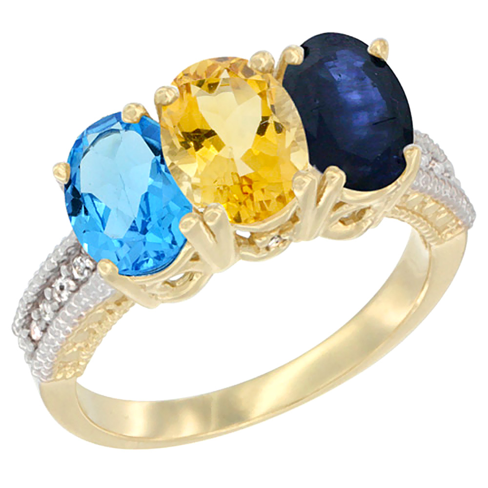 14K Yellow Gold Natural Swiss Blue Topaz, Citrine & Blue Sapphire Ring 3-Stone 7x5 mm Oval Diamond Accent, sizes 5 - 10