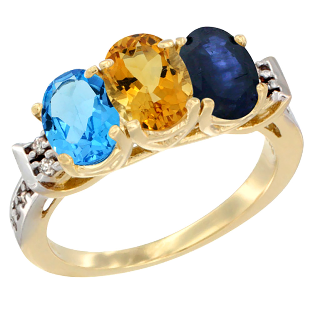 14K Yellow Gold Natural Swiss Blue Topaz, Citrine &amp; Blue Sapphire Ring 3-Stone 7x5 mm Oval Diamond Accent, sizes 5 - 10