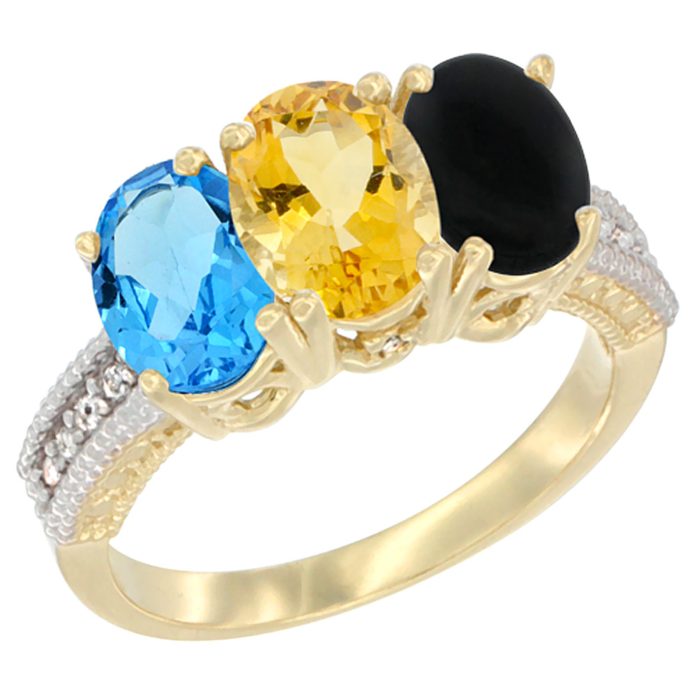 14K Yellow Gold Natural Swiss Blue Topaz, Citrine &amp; Black Onyx Ring 3-Stone 7x5 mm Oval Diamond Accent, sizes 5 - 10