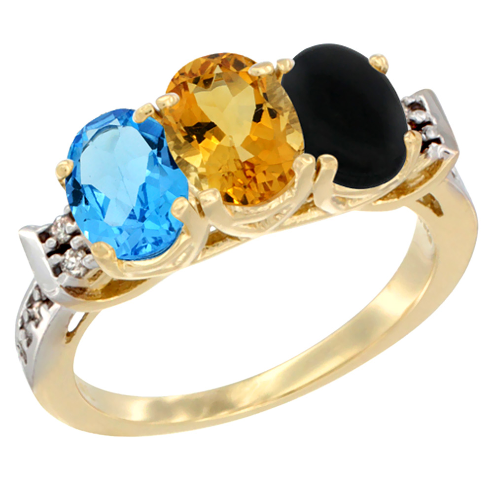 10K Yellow Gold Natural Swiss Blue Topaz, Citrine & Black Onyx Ring 3-Stone Oval 7x5 mm Diamond Accent, sizes 5 - 10