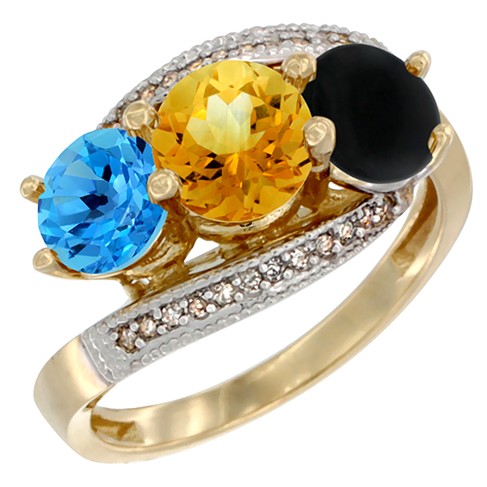 10K Yellow Gold Natural Swiss Blue Topaz, Citrine & Black Onyx 3 stone Ring Round 6mm Diamond Accent, sizes 5 - 10