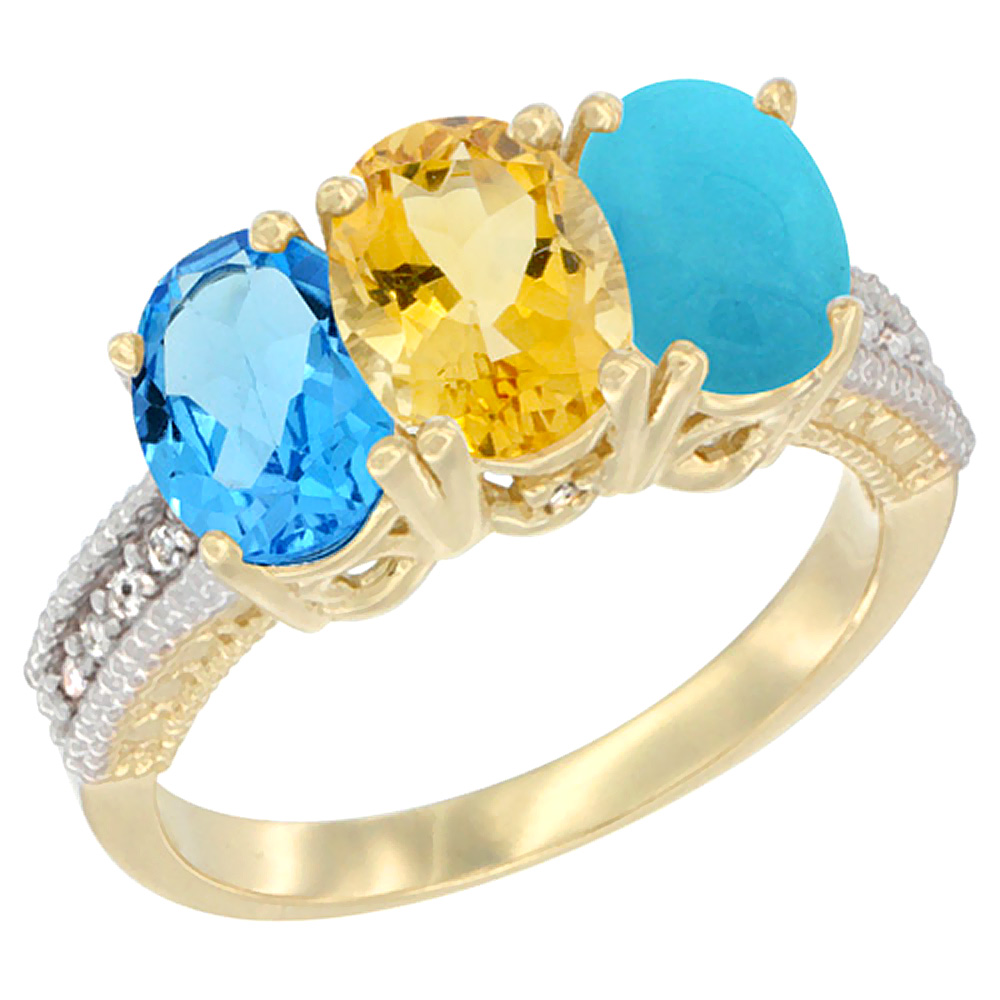 14K Yellow Gold Natural Swiss Blue Topaz, Citrine &amp; Turquoise Ring 3-Stone 7x5 mm Oval Diamond Accent, sizes 5 - 10