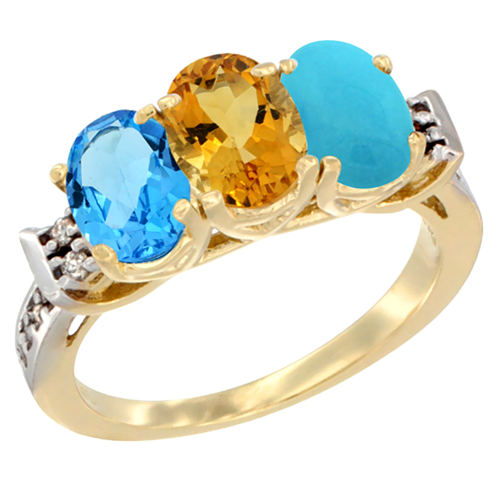 10K Yellow Gold Natural Swiss Blue Topaz, Citrine & Turquoise Ring 3-Stone Oval 7x5 mm Diamond Accent, sizes 5 - 10