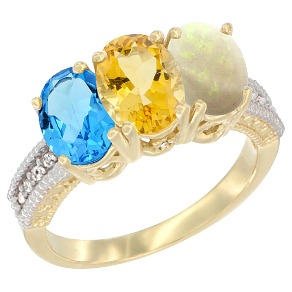 14K Yellow Gold Natural Swiss Blue Topaz, Citrine &amp; Opal Ring 3-Stone 7x5 mm Oval Diamond Accent, sizes 5 - 10