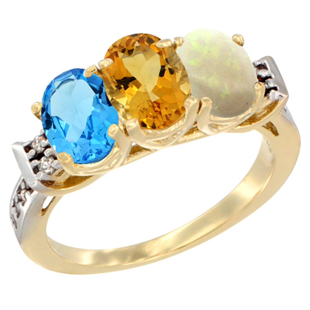 10K Yellow Gold Natural Swiss Blue Topaz, Citrine & Opal Ring 3-Stone Oval 7x5 mm Diamond Accent, sizes 5 - 10