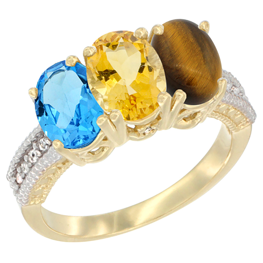 14K Yellow Gold Natural Swiss Blue Topaz, Citrine & Tiger Eye Ring 3-Stone 7x5 mm Oval Diamond Accent, sizes 5 - 10