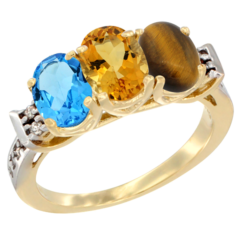 14K Yellow Gold Natural Swiss Blue Topaz, Citrine &amp; Tiger Eye Ring 3-Stone 7x5 mm Oval Diamond Accent, sizes 5 - 10