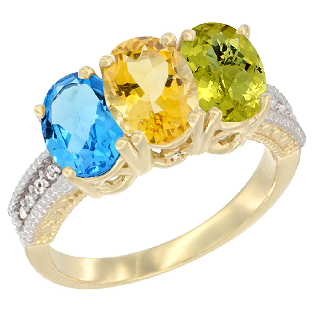 14K Yellow Gold Natural Swiss Blue Topaz, Citrine &amp; Lemon Quartz Ring 3-Stone 7x5 mm Oval Diamond Accent, sizes 5 - 10