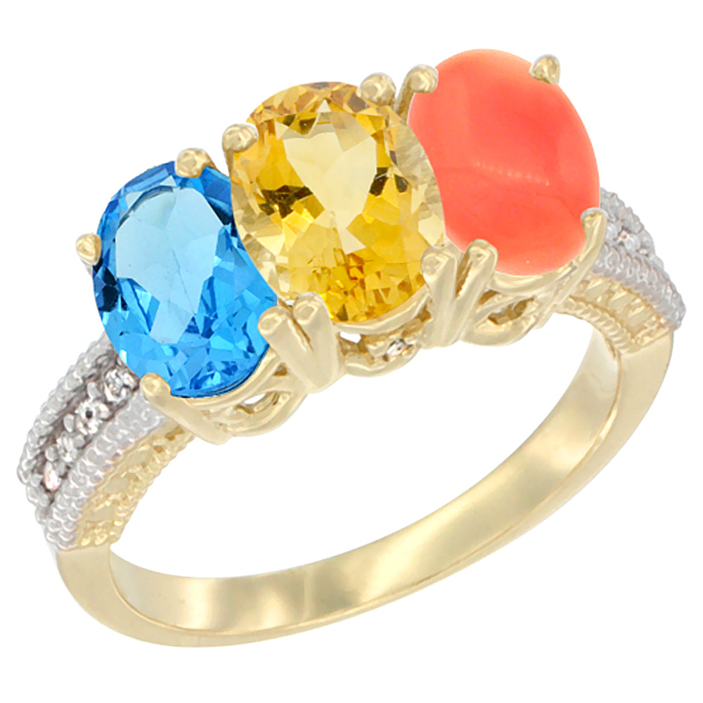 14K Yellow Gold Natural Swiss Blue Topaz, Citrine & Coral Ring 3-Stone 7x5 mm Oval Diamond Accent, sizes 5 - 10