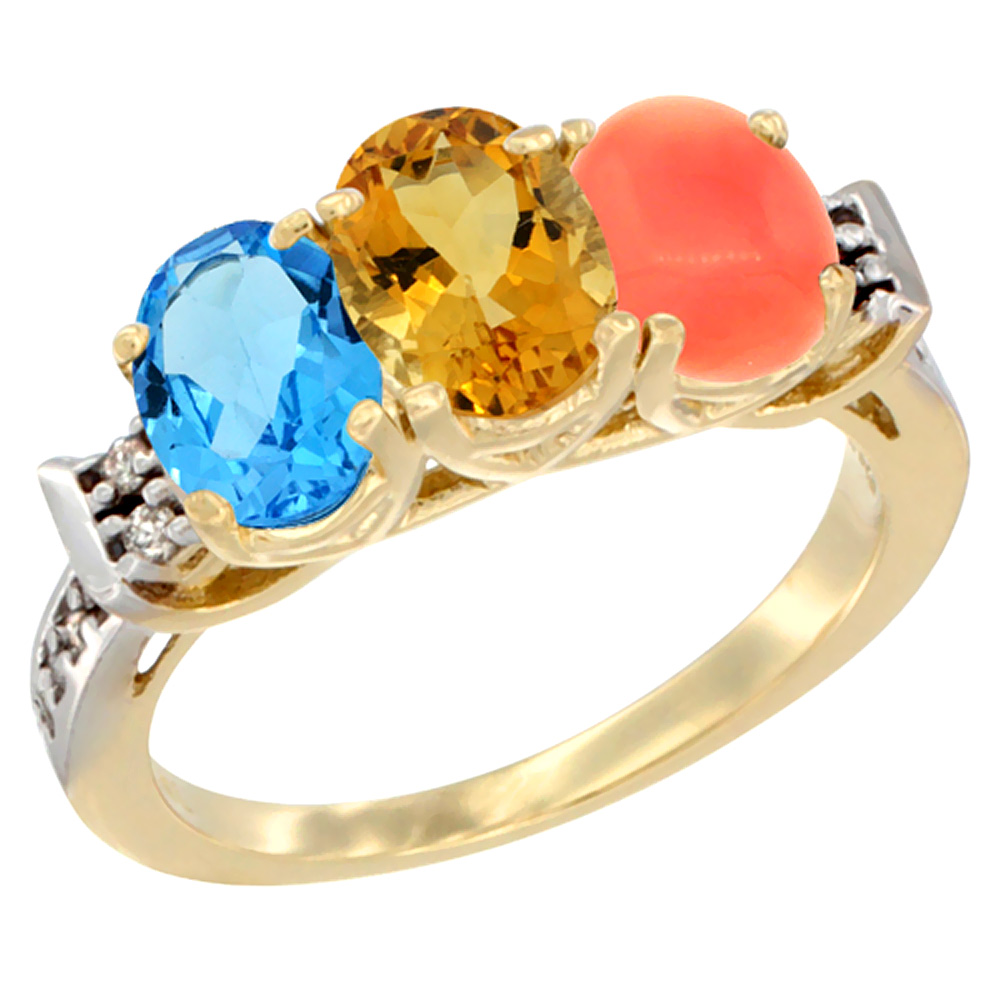 10K Yellow Gold Natural Swiss Blue Topaz, Citrine & Coral Ring 3-Stone Oval 7x5 mm Diamond Accent, sizes 5 - 10