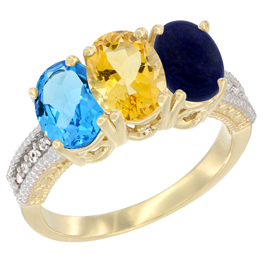 14K Yellow Gold Natural Swiss Blue Topaz, Citrine & Lapis Ring 3-Stone 7x5 mm Oval Diamond Accent, sizes 5 - 10