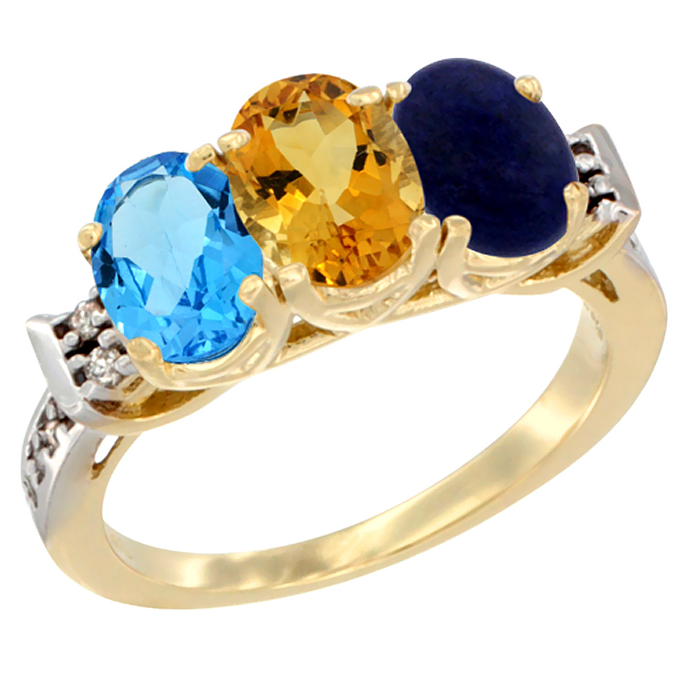 10K Yellow Gold Natural Swiss Blue Topaz, Citrine & Lapis Ring 3-Stone Oval 7x5 mm Diamond Accent, sizes 5 - 10