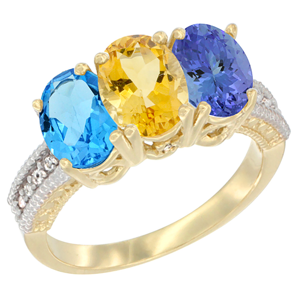 14K Yellow Gold Natural Swiss Blue Topaz, Citrine & Tanzanite Ring 3-Stone 7x5 mm Oval Diamond Accent, sizes 5 - 10