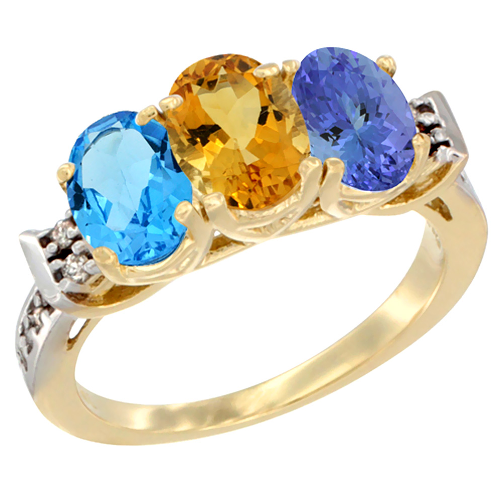 14K Yellow Gold Natural Swiss Blue Topaz, Citrine & Tanzanite Ring 3-Stone 7x5 mm Oval Diamond Accent, sizes 5 - 10