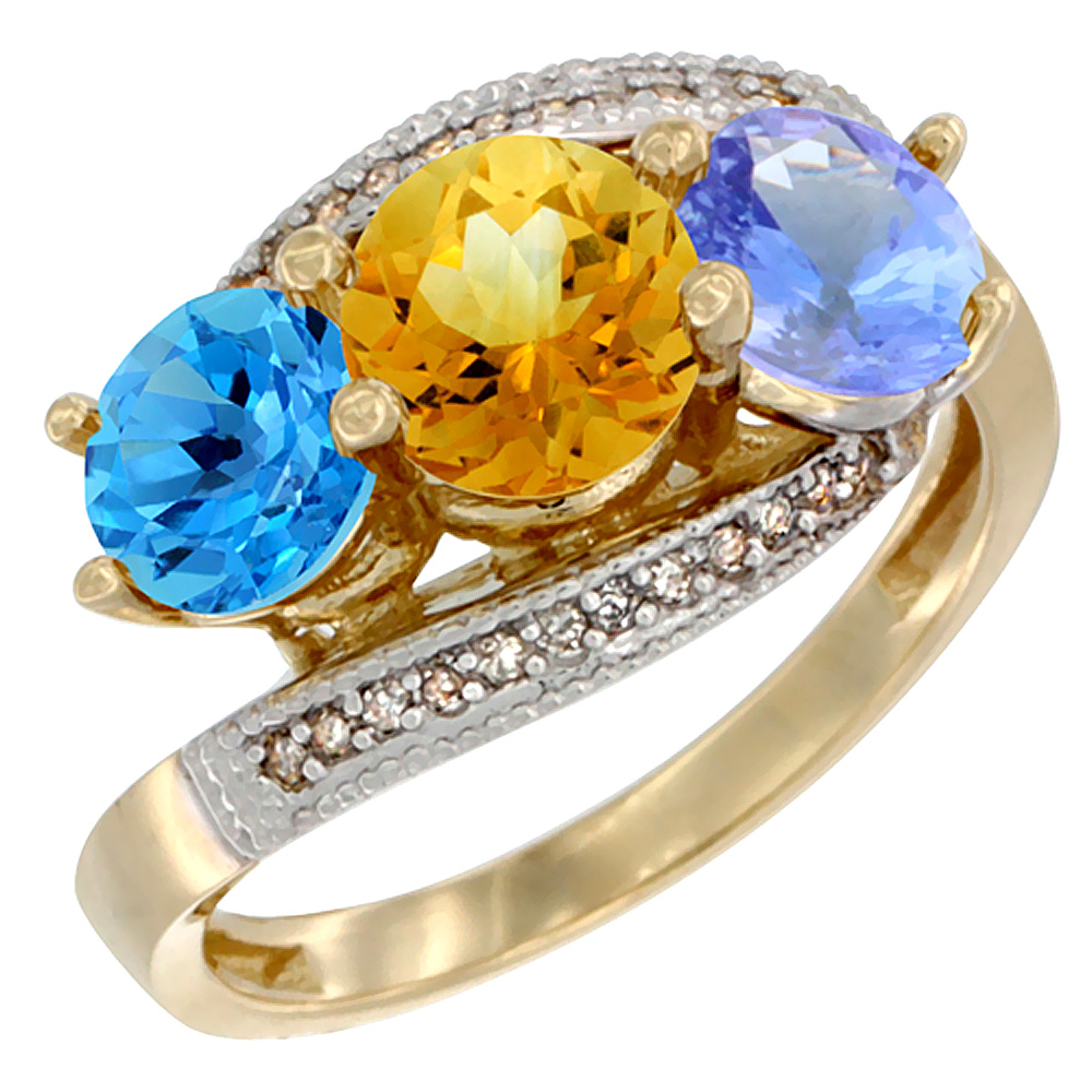 10K Yellow Gold Natural Swiss Blue Topaz, Citrine &amp; Tanzanite 3 stone Ring Round 6mm Diamond Accent, sizes 5 - 10